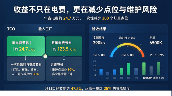 2.3 万㎡ 的"黑灯工厂"：把设计院的 1000 只灯优化到 700 只，实测照度反而做到 390lux