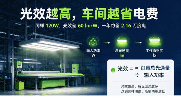 &nbsp;同样 120 瓦，光效差 60 lm/W，一个车间一年差两万多度电